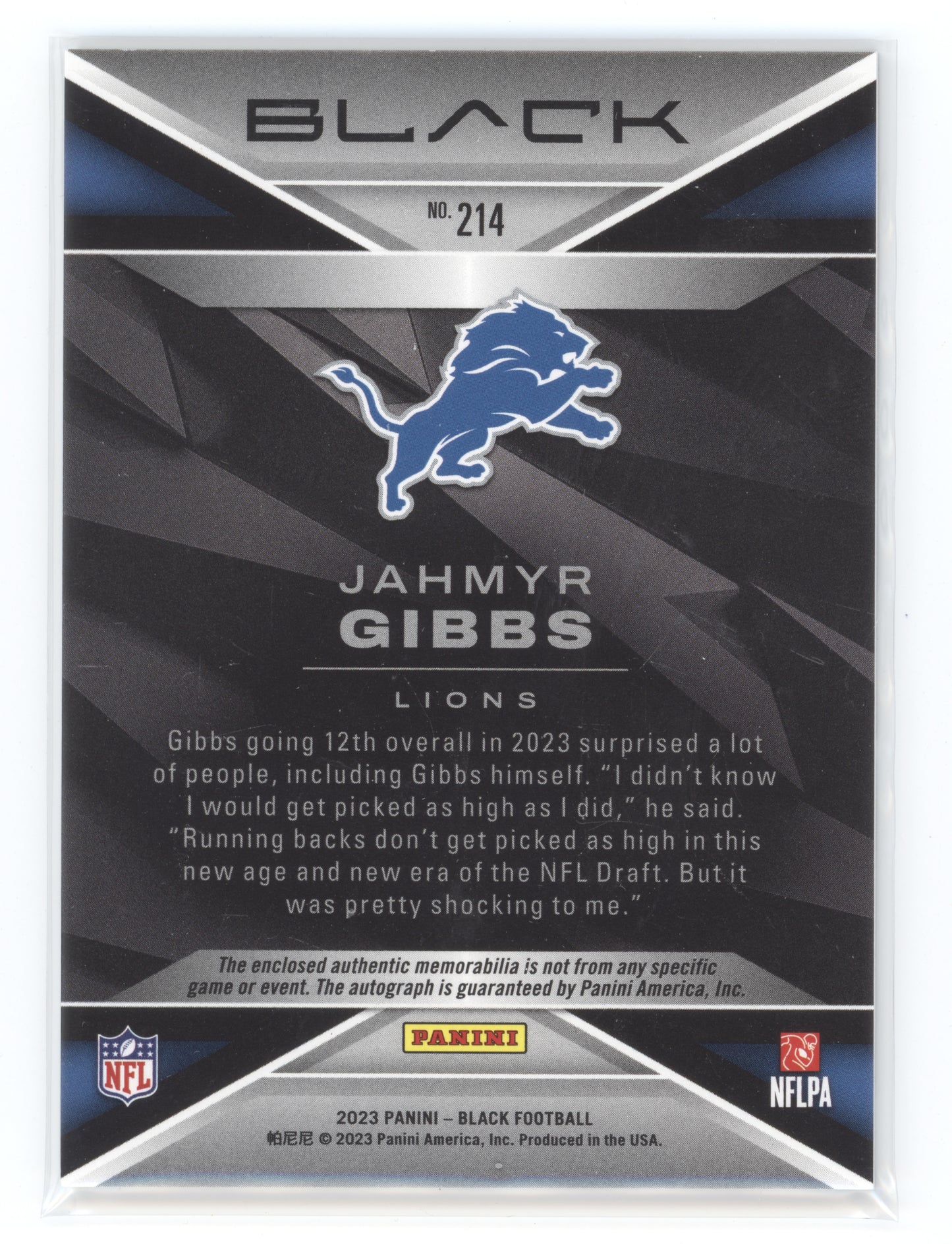 2023 Panini Black Football Jahmyr Gibbs #214 Purple Patch Auto RC 55/99