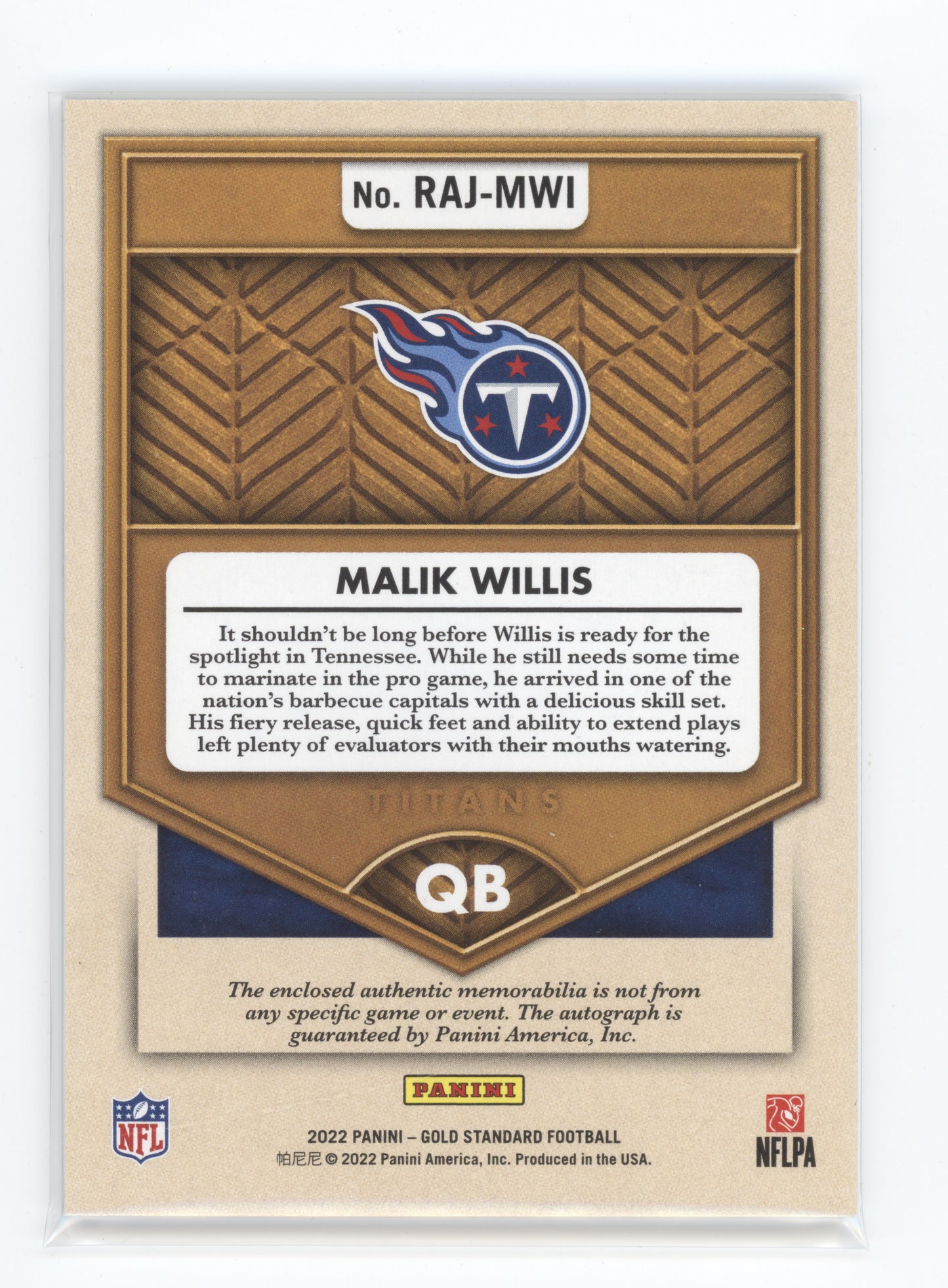 2022 Panini Gold Standard Malik Willis #RAJ-MWI Prime Patch Autograph 10/49 RC