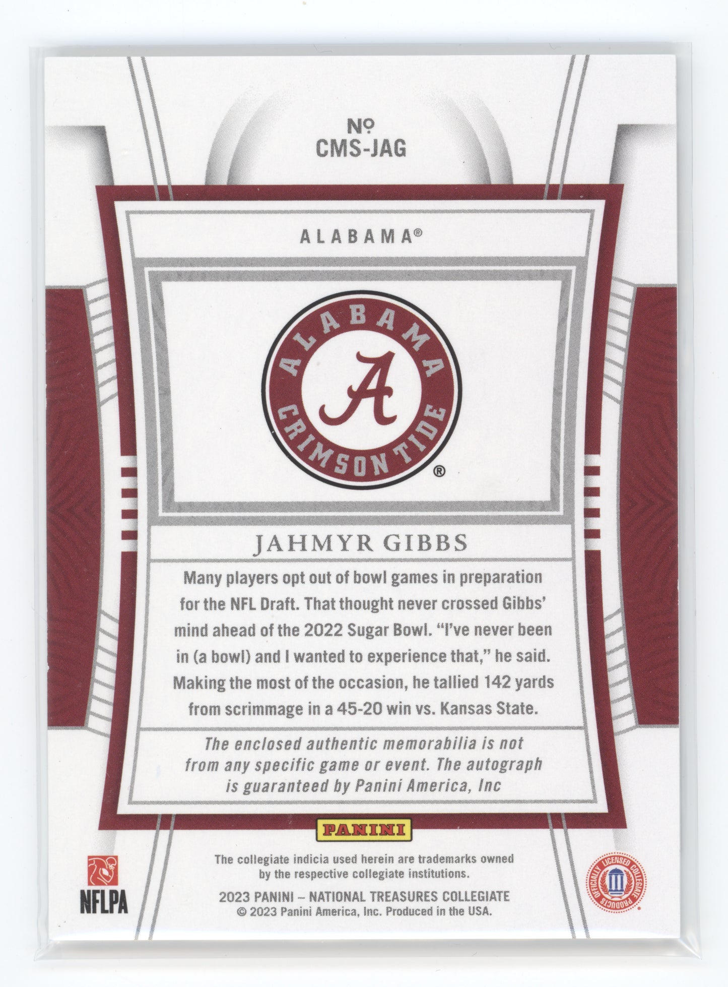 2023 Panini National Treasures Jahmyr Gibbs #CMS-JAG Patch Autograph 05/25 RC