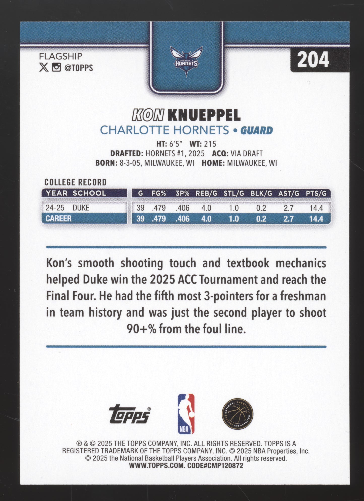 2025 Topps Basketball Kon Knueppel #204 Gold RC 1713/2025