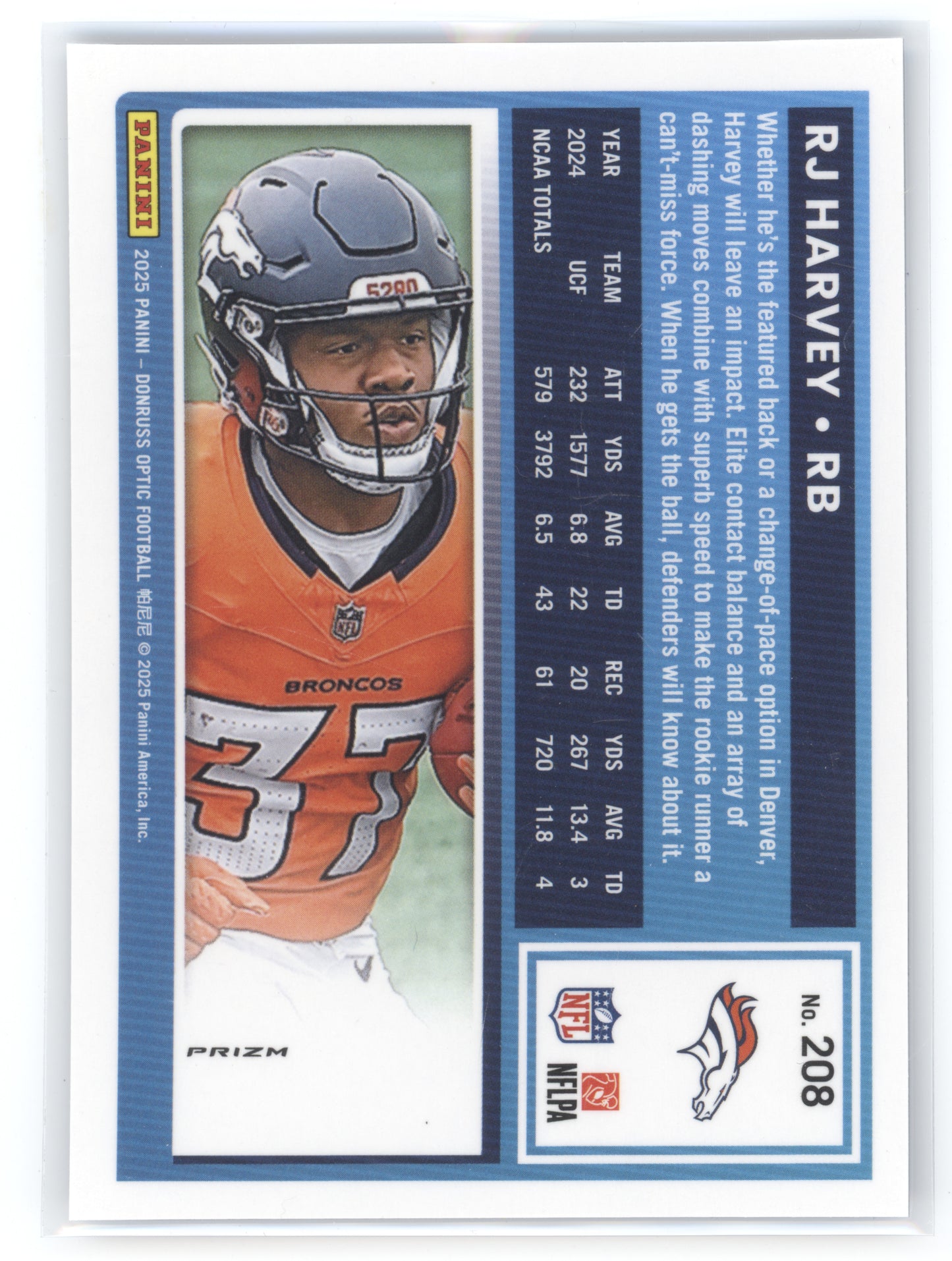 2025 Donruss Optic Rated Rookie RJ Harvey #208 Blue
