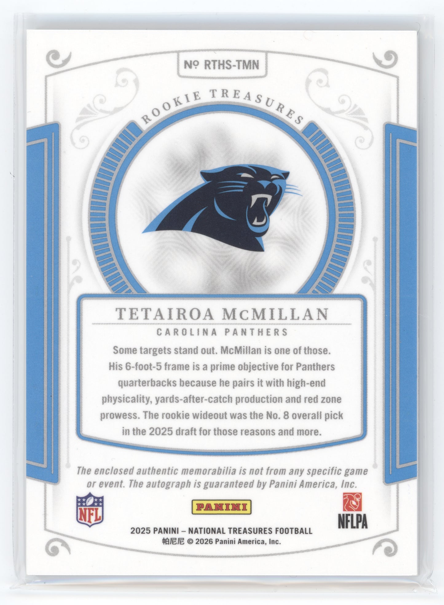 2025 Panini National Treasures Tetairoa McMillan #RTHS-TMN Patch Auto 22/25 RC