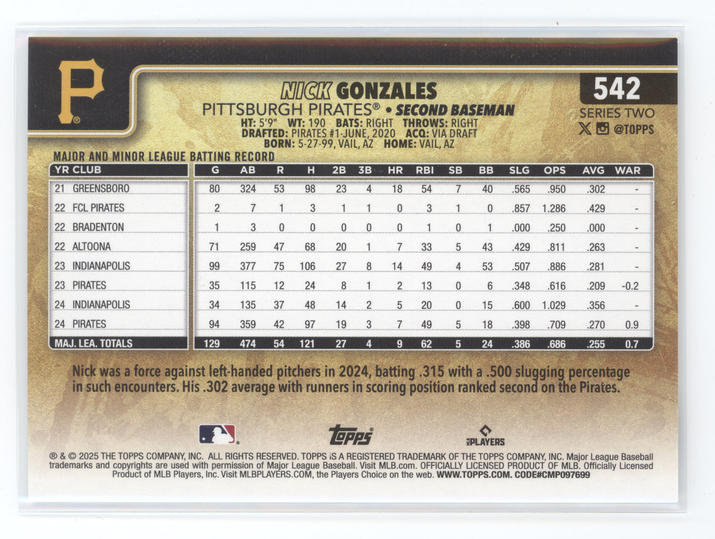 2025 Topps Series Two Baseball Nick Gonzales #542 Image Variation