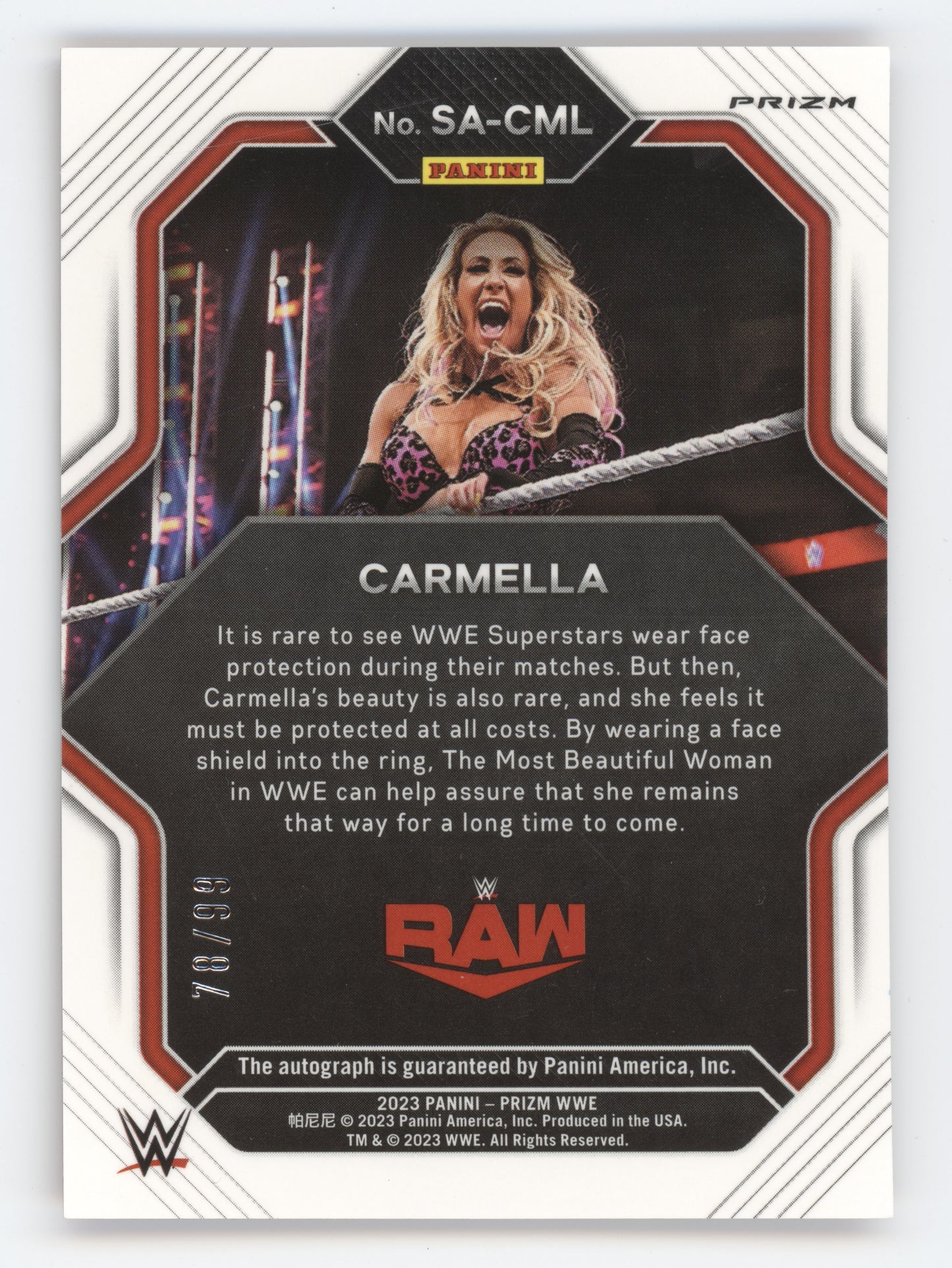 2023 Panini Prizm WWE Superstar Signatures Carmella #SA-CML Red 78/99