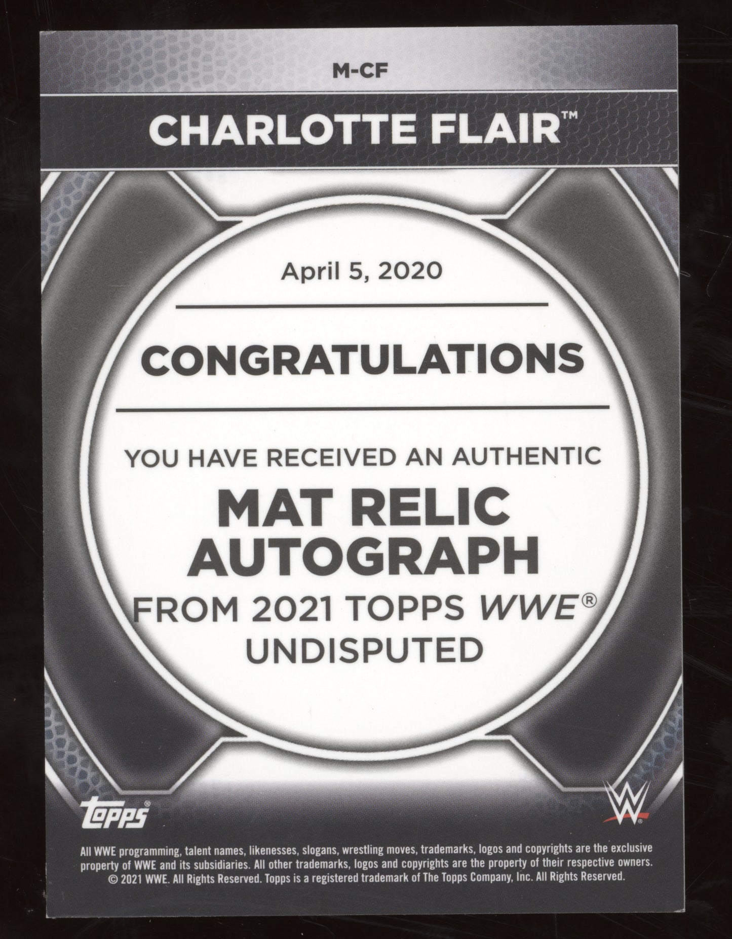 2021 Topps WWE Undisputed Charlotte Flair #M-CF Mat Relic Autograph 09/10
