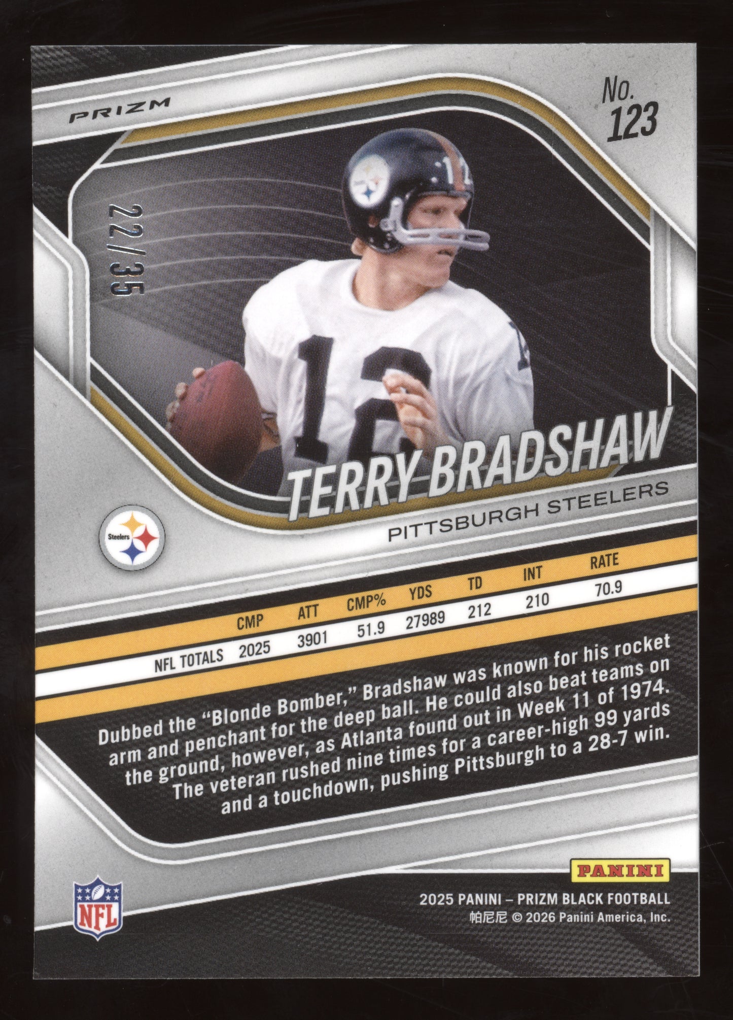 2025 Panini Prizm Black Football Terry Bradshaw #123 Blue Shimmer 22/35