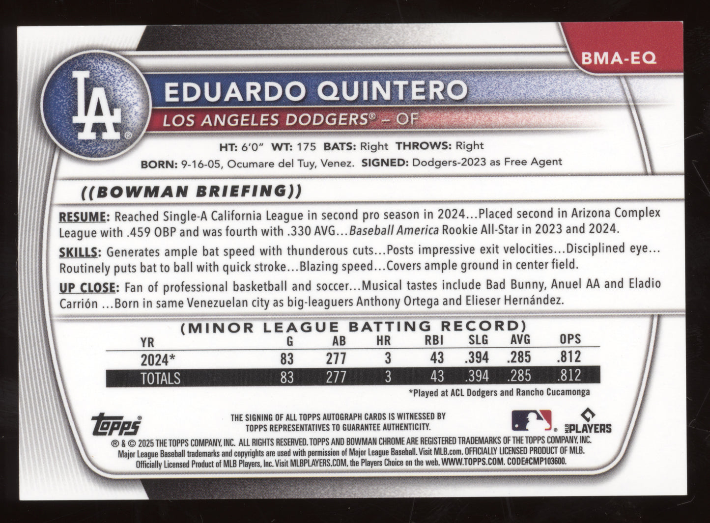 2025 Bowman Chrome Prospects Auto Eduardo Quintero #BMA-EQ Green Mega Ref. 69/99