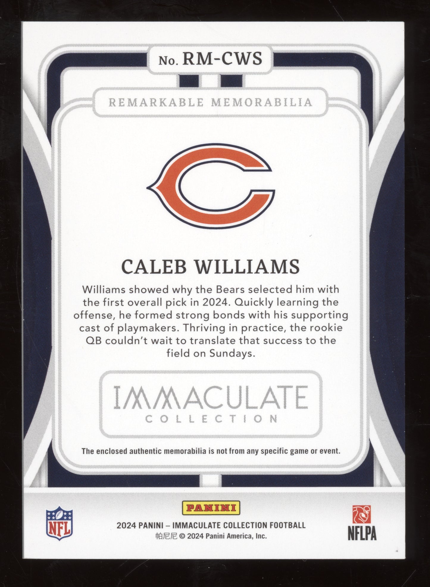 2024 Panini Immaculate Collection Remarkable Memorabilia Caleb Williams 29/49
