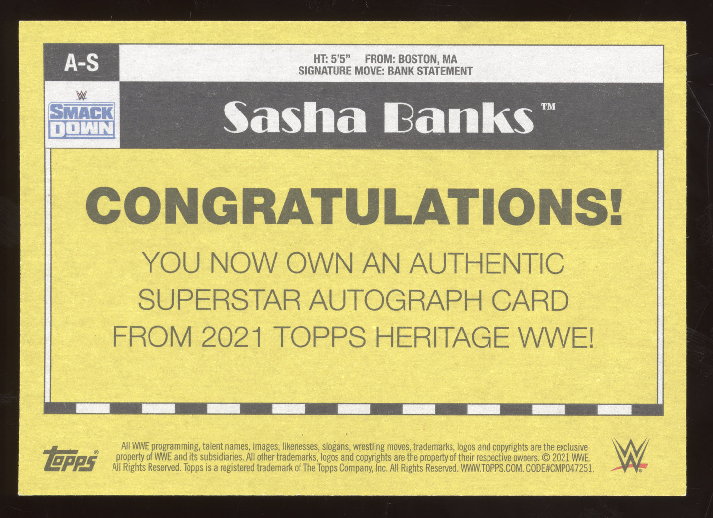 2021 Topps Heritage WWE Sasha Banks #A-S Blue Autograph 93/99