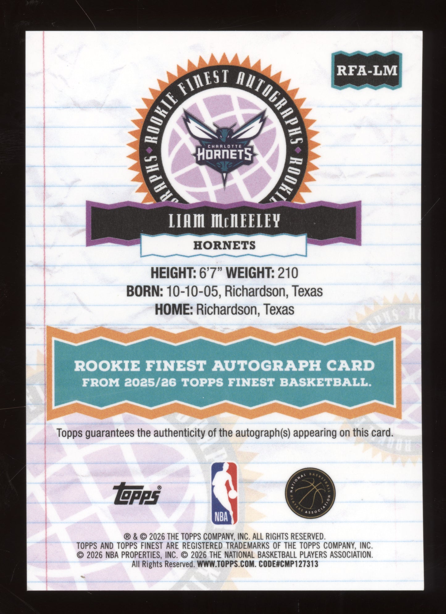 2025 Topps Finest Rookie Autographs Liam McNeeley #RFA-LM Red RC 1/5