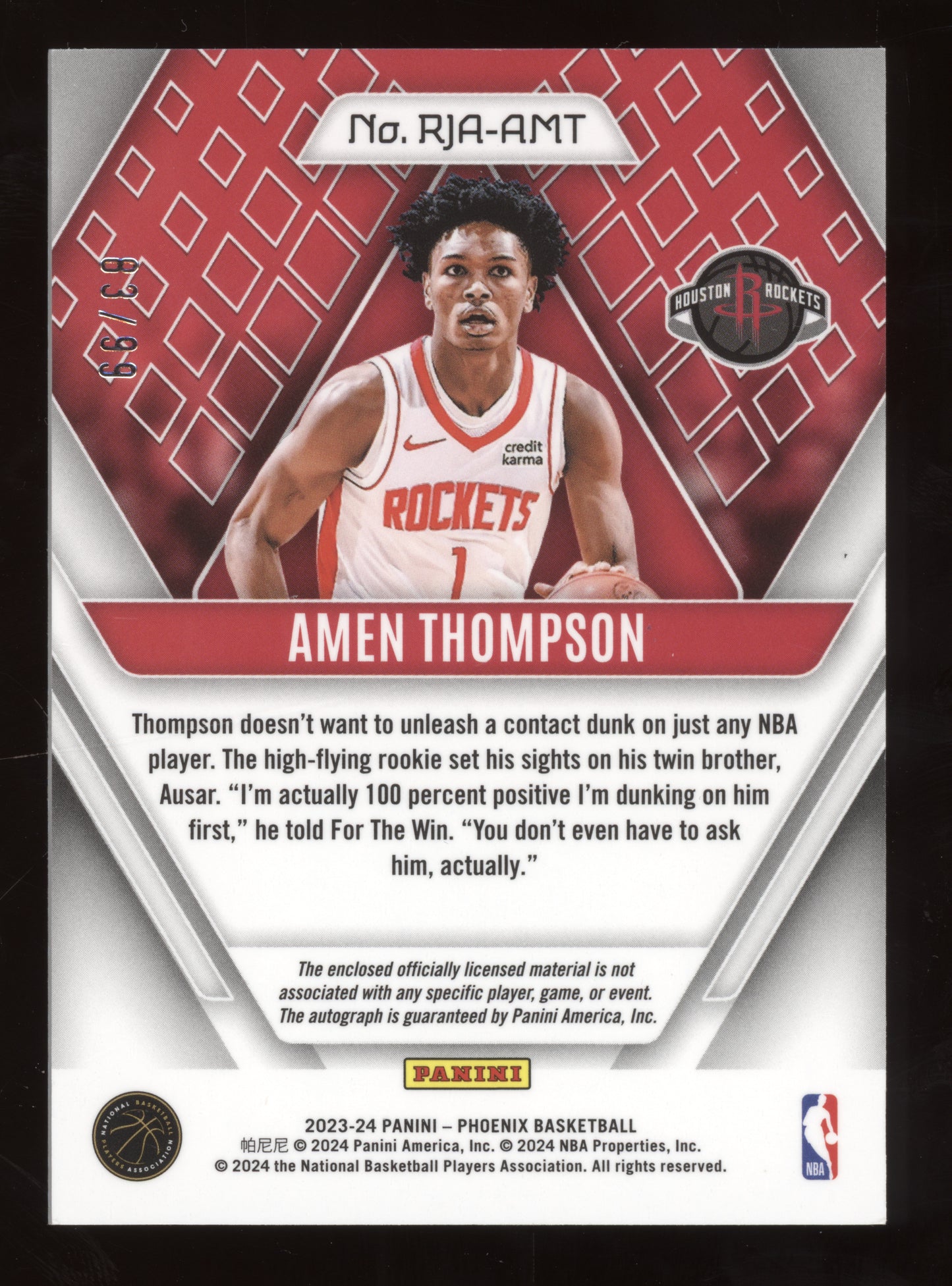 2023 Panini Phoenix Rookie Jersey Autograph Amen Thompson #RJA-AMT Purple 83/99
