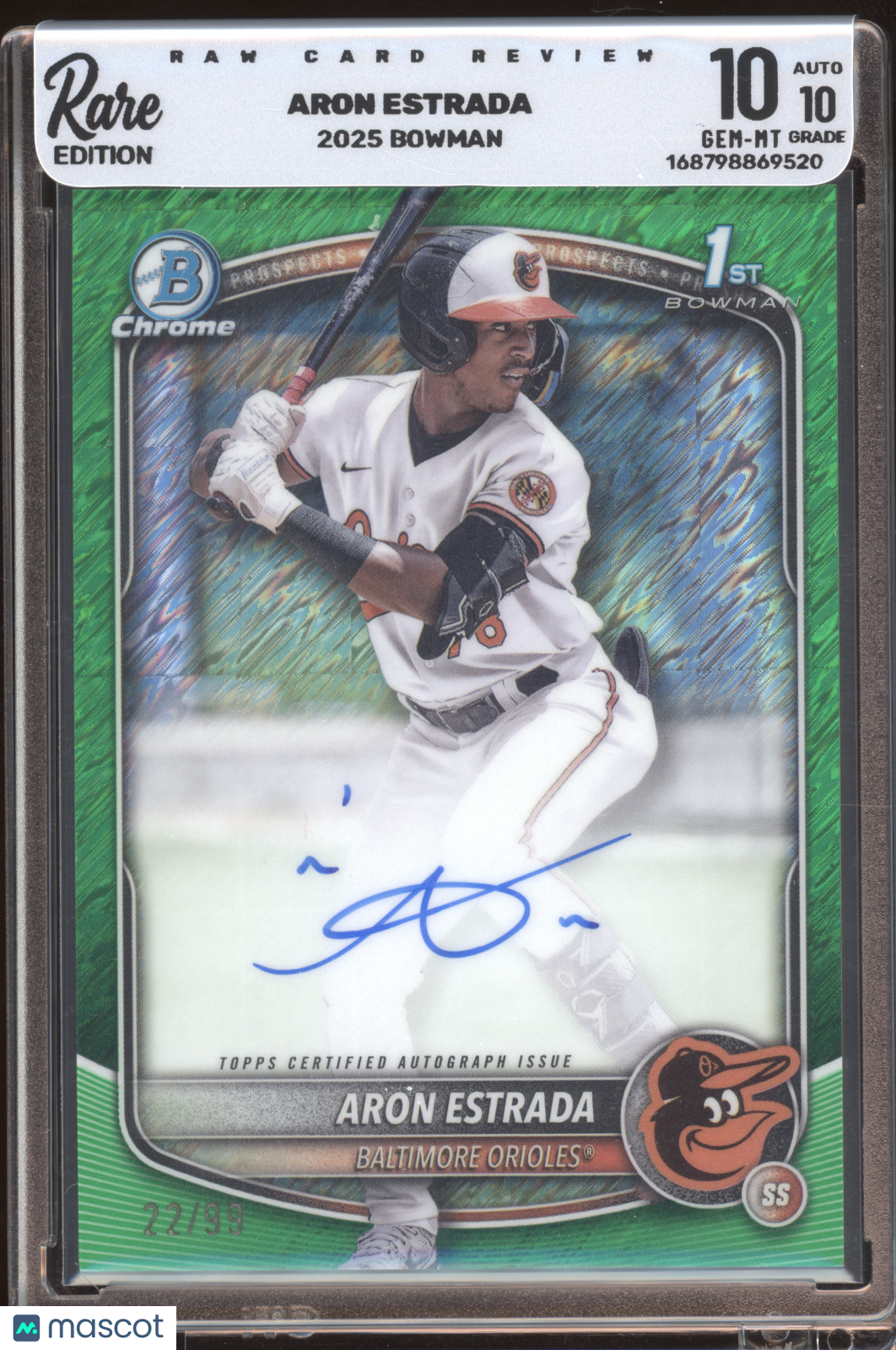 2025 Bowman Chrome Prospect Autos Aron Estrada Green 22/99 1st Bowman Rare 10