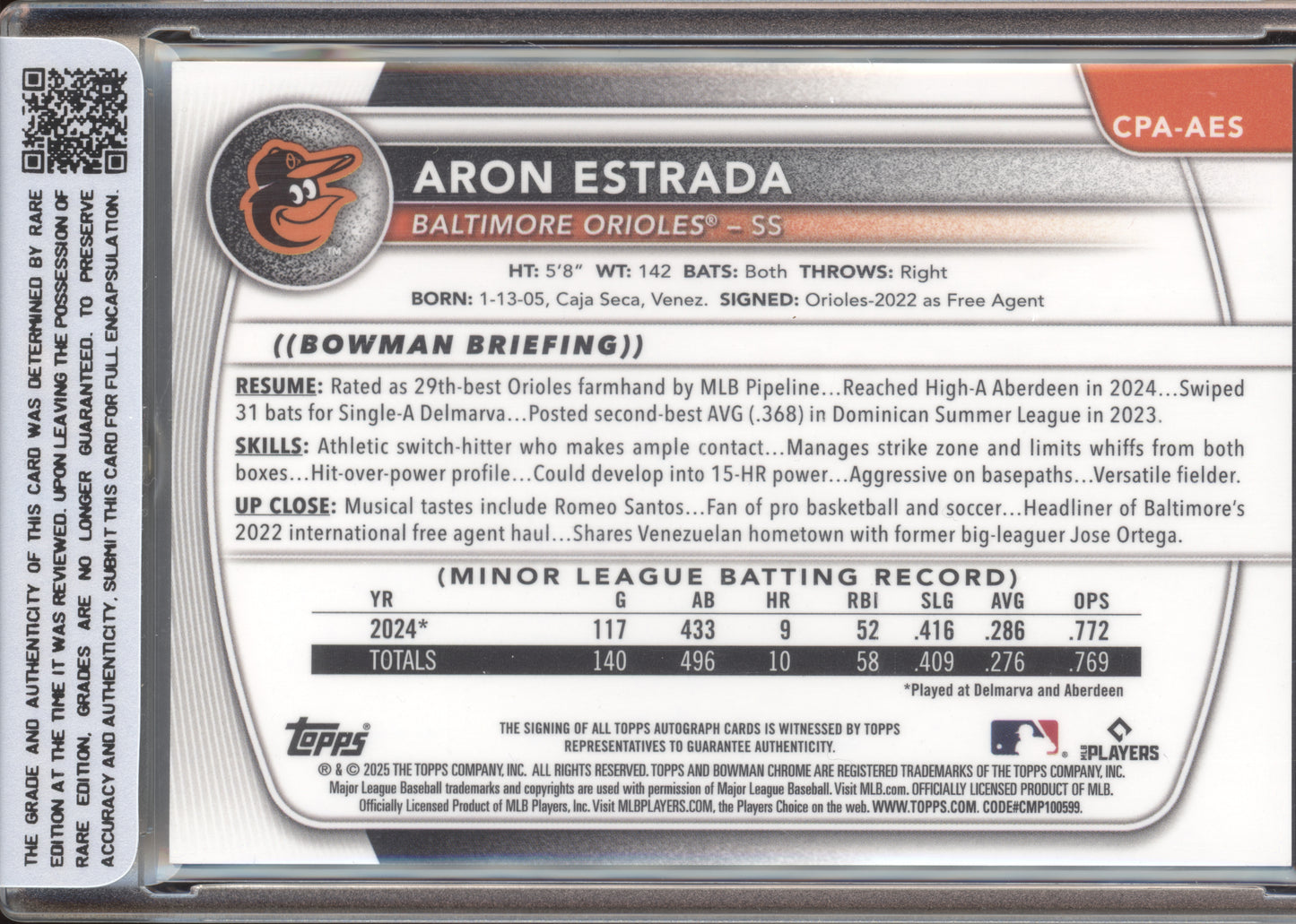 2025 Bowman Chrome Prospect Autos Aron Estrada Green 22/99 1st Bowman Rare 10