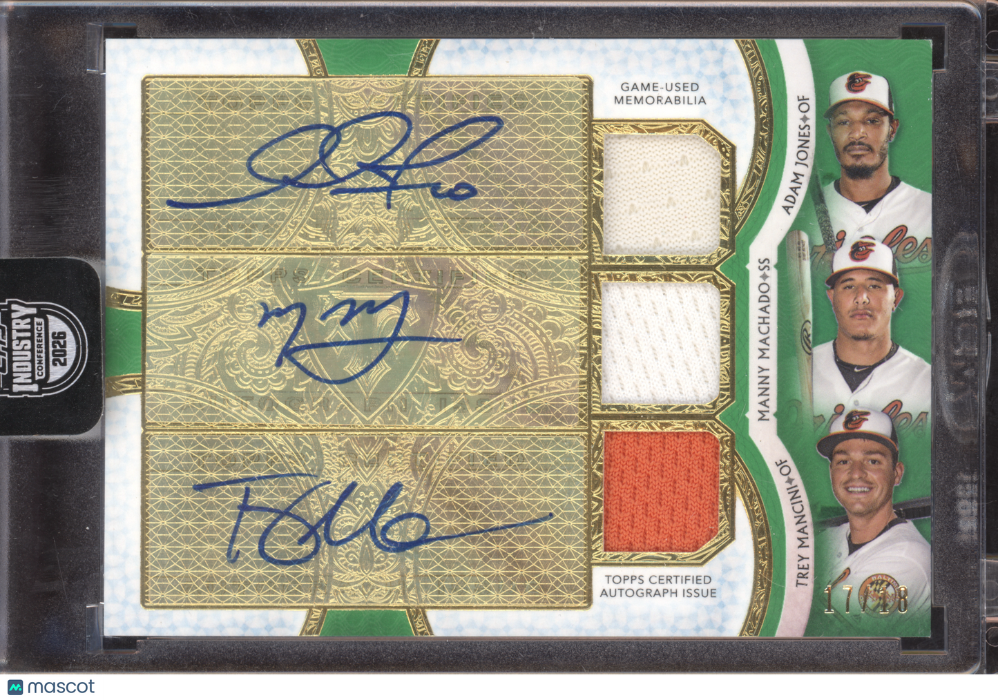 2018 Topps Triple Thread Machado/Jones/Mancini Auto Relic Combo Card 17/18 Green