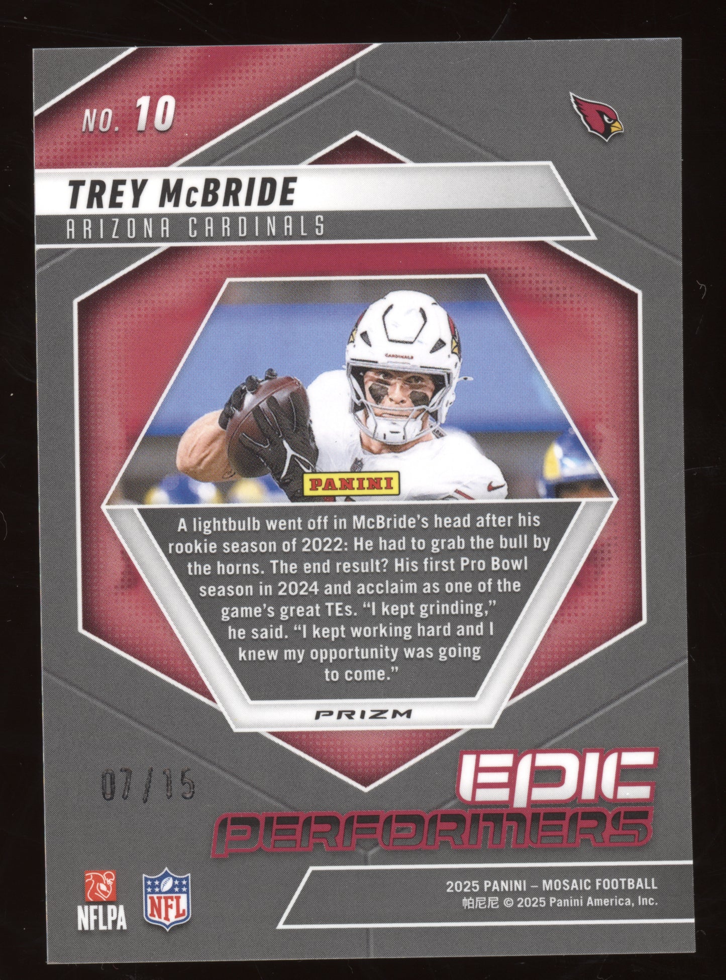 2025 Panini Mosaic Epic Performers Trey McBride #10 Blue Fluorescent 07/15
