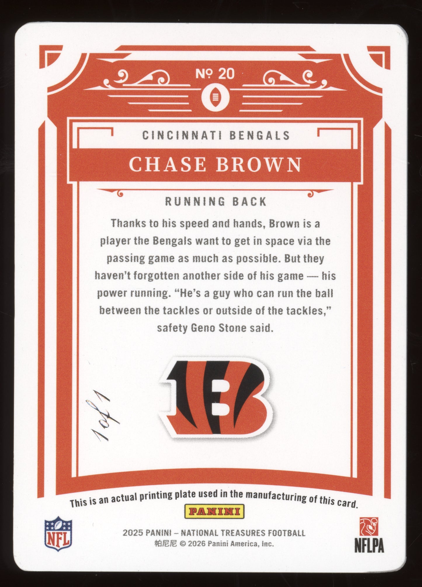 2025 Panini National Treasures Chase Brown #20 Printing Plate 1 of 1