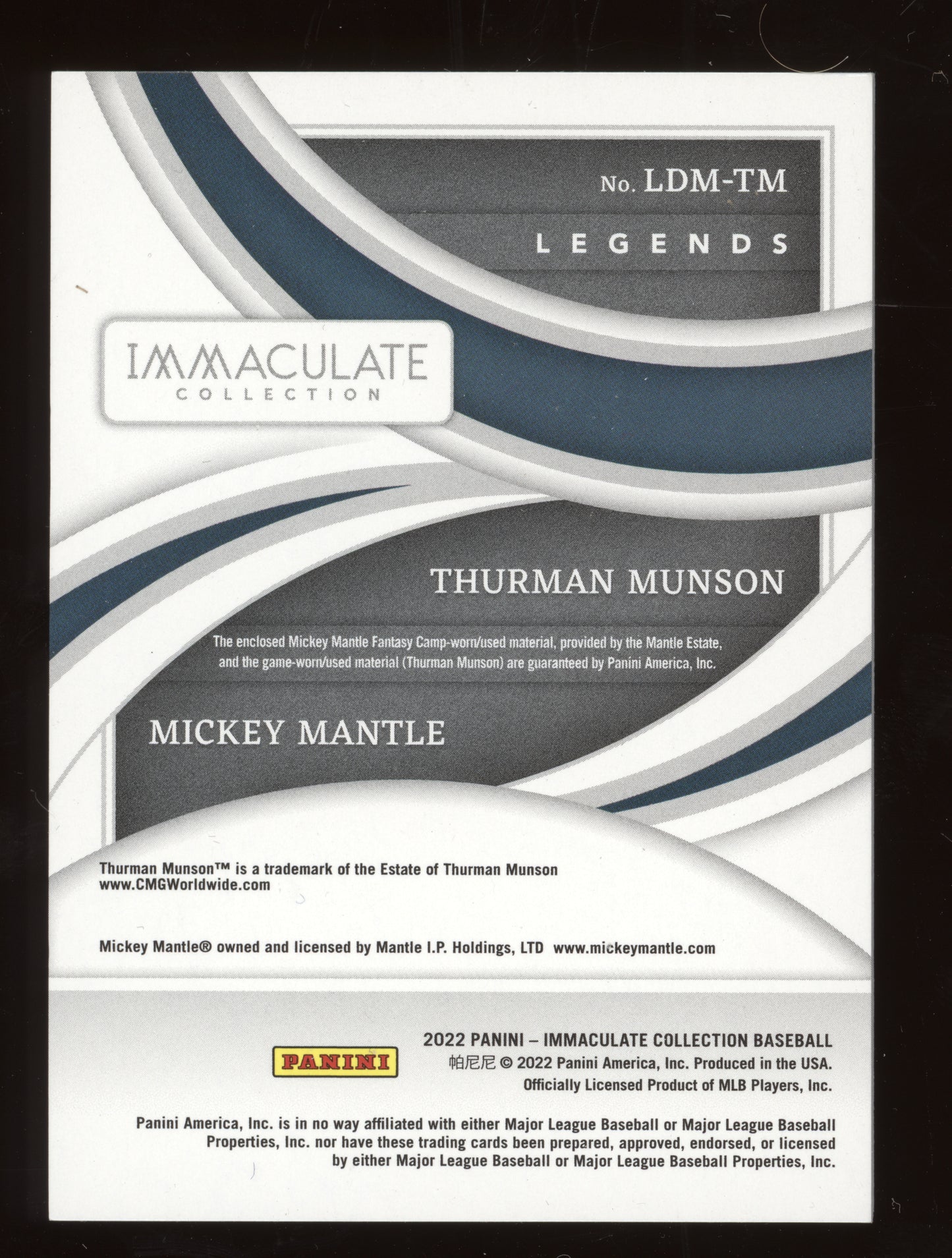 2022 Panini Immaculate Mickey Mantle Thurman Munson #LDMTM 3/7 Dual Jersey Patch
