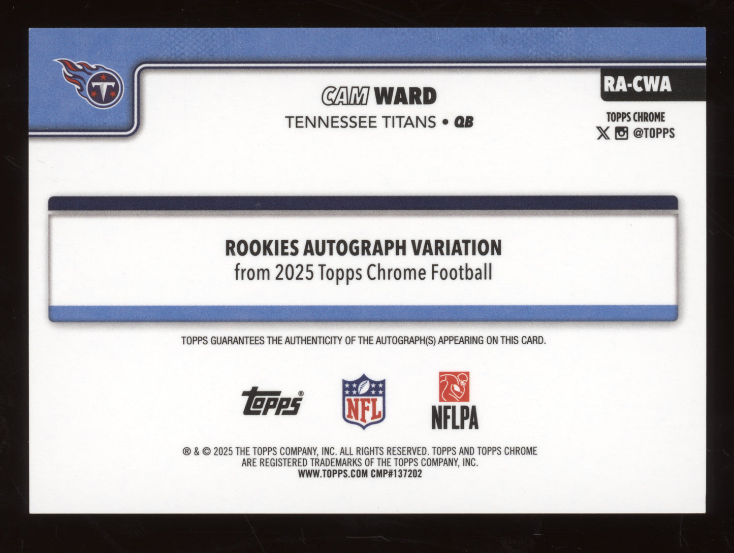 2025 Topps Chrome Rookies Autograph Variation Cam Ward #RA-CWA Purple 61/75 RC