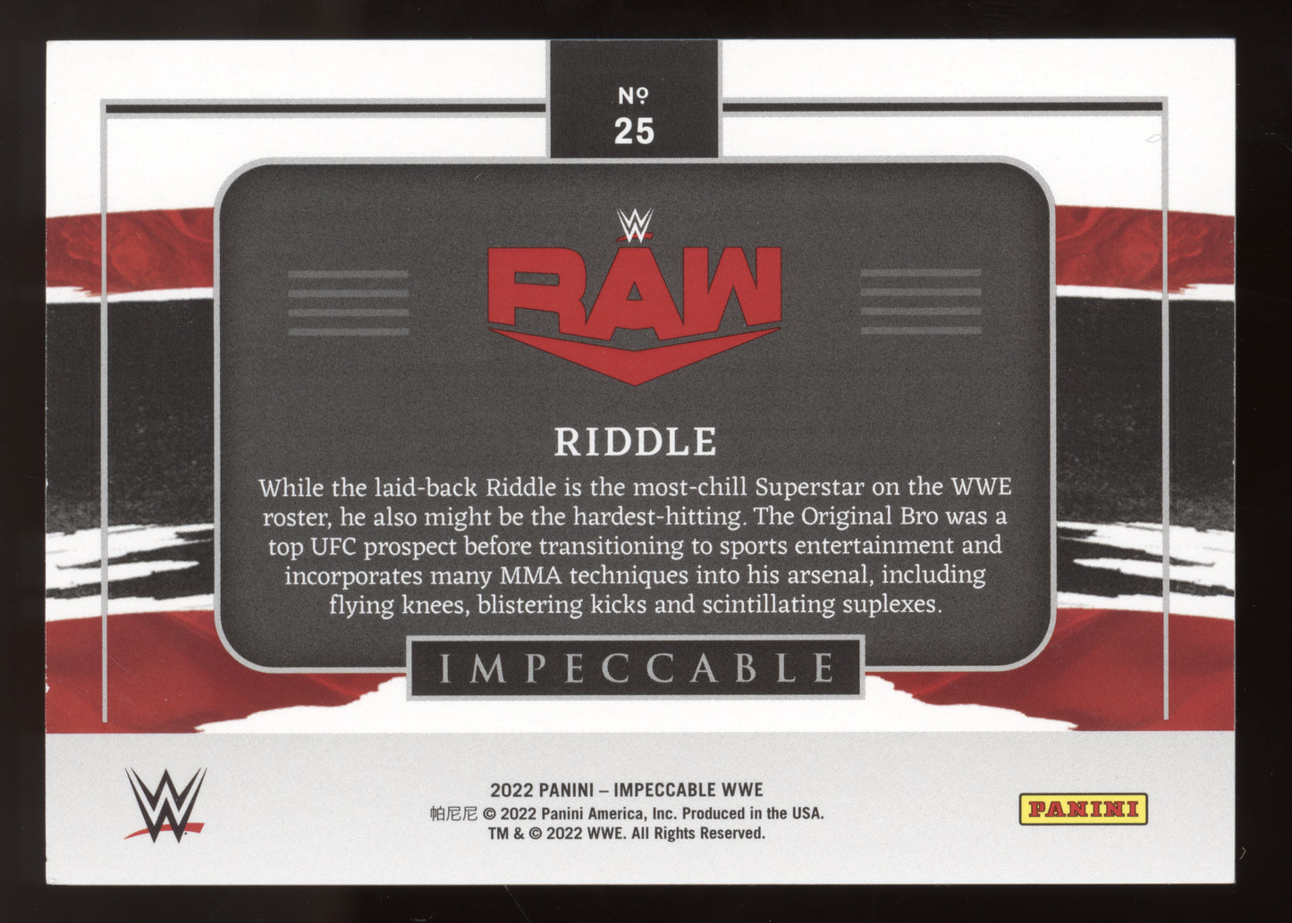 2022 Panini Impeccable WWE Riddle #25 1 Troy Ounce .999 Fine Silver Bar 19/35