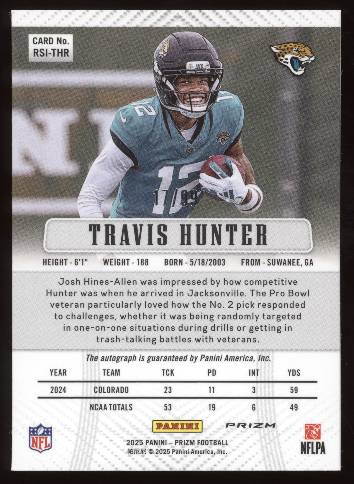 2025 Panini Prizm Rookie Signatures Travis Hunter #RSI-THR Blue Ice 17 ...
