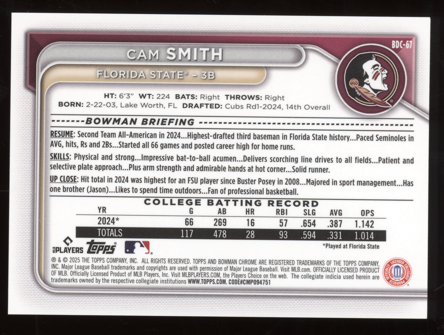 2024 Bowman Chrome Draft Cam Smith #BDC-67 College Variation