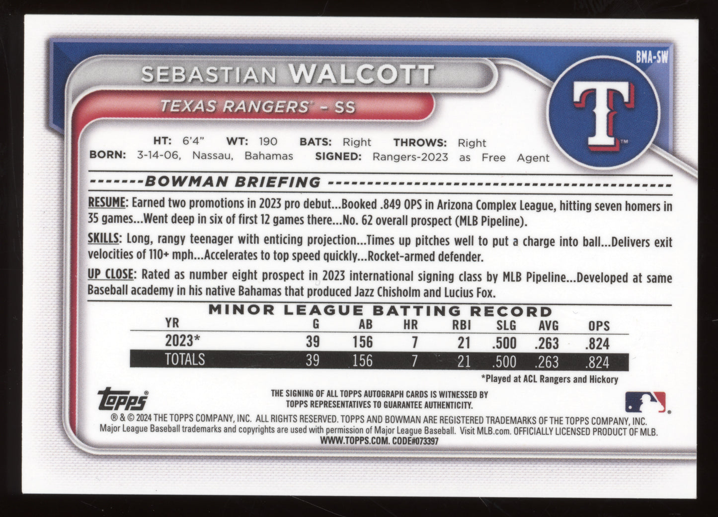 2024 Bowman Chrome Prospect Autographs Sebastian Walcott #BMA-SW Mojo Refractor