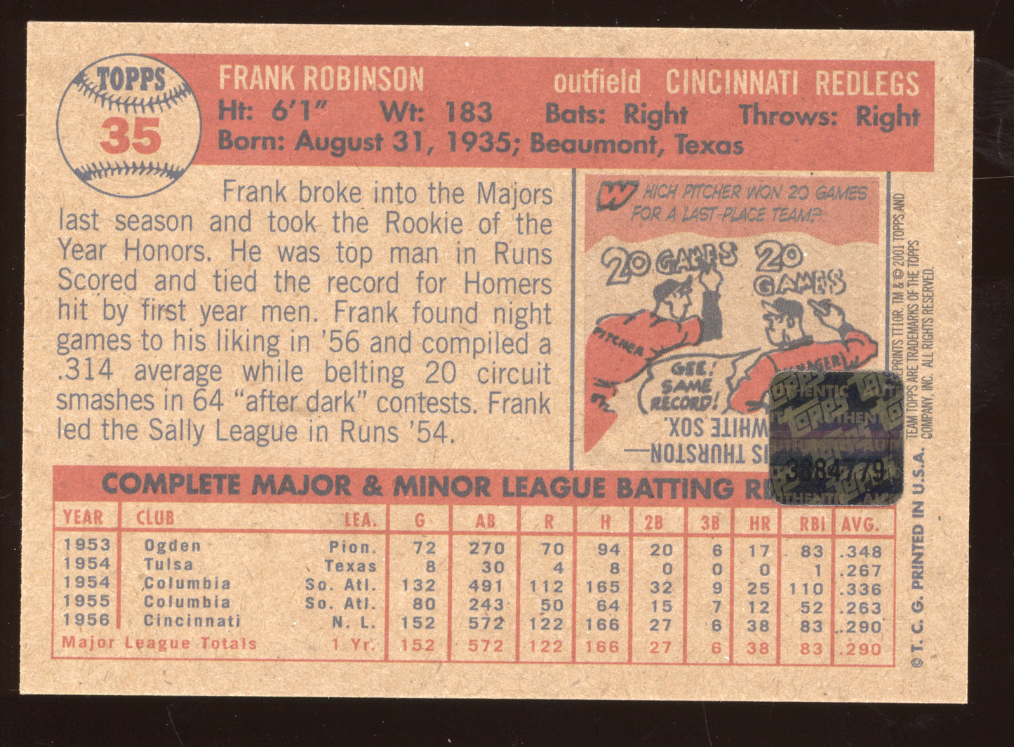 2001 Topps Team Topps Legend Autograph Card Frank Robinson #35