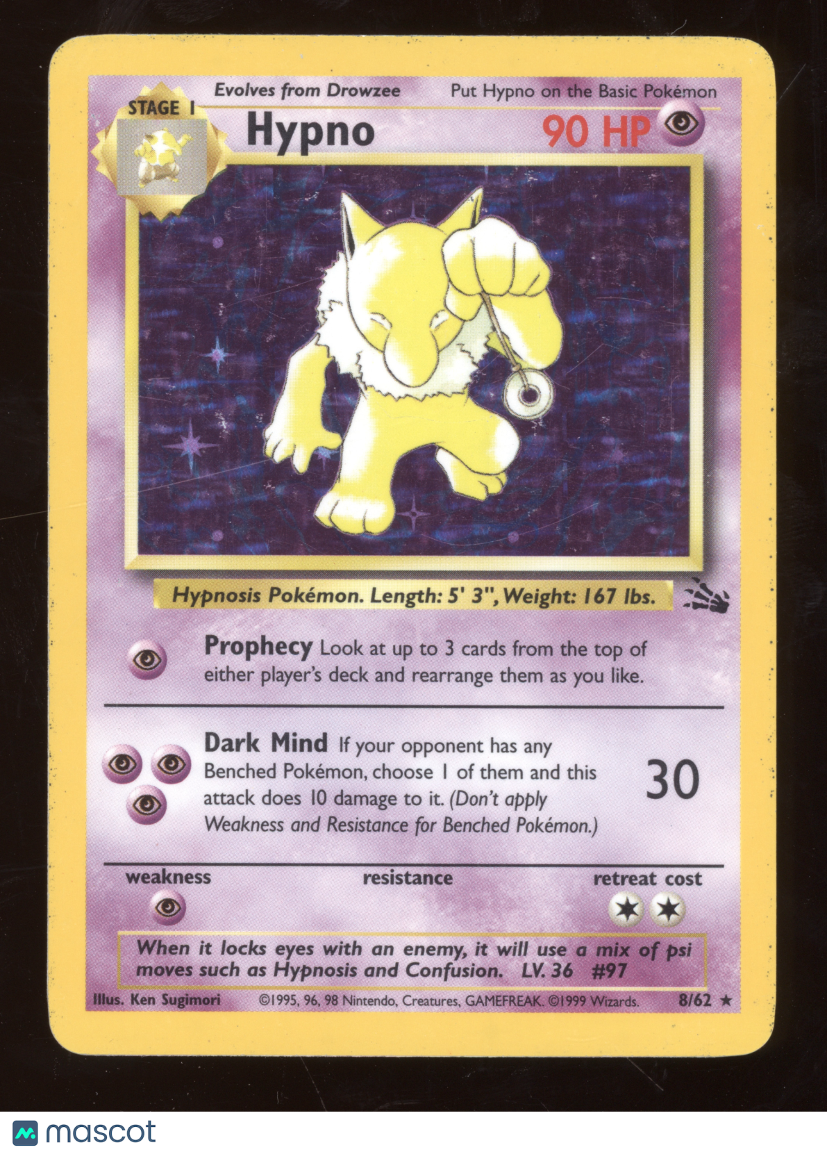 1999 Pokemon Fossil Hypno Holo Rare #8/62