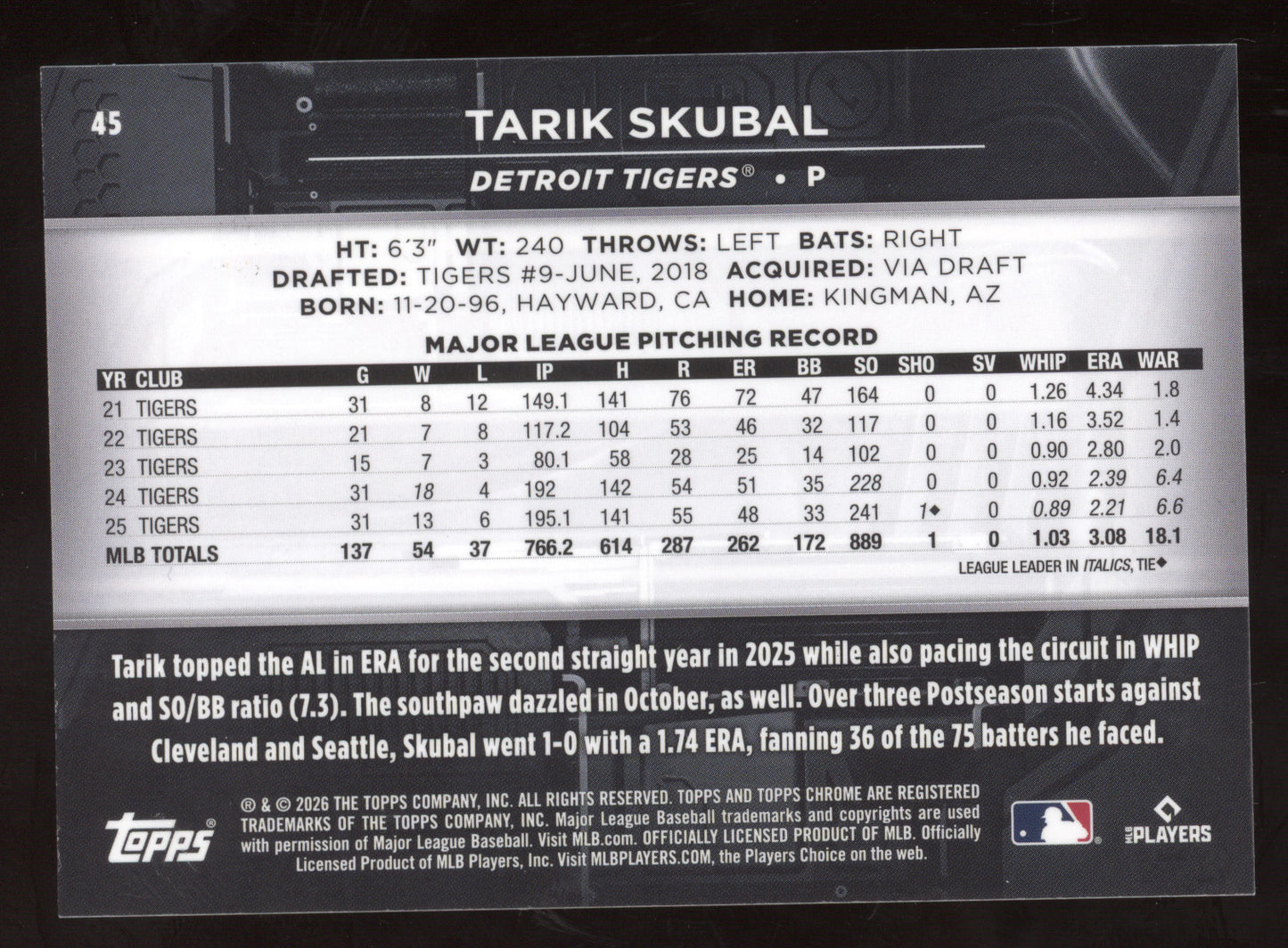 2026 Topps Chrome Black Tarik Skubal #45 Purple 61/75