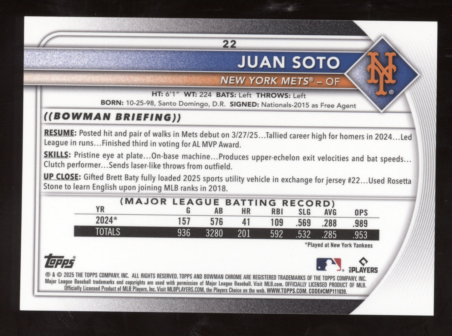 2025 Bowman Chrome Juan Soto #22 Gold Mojo Refractor 36/50