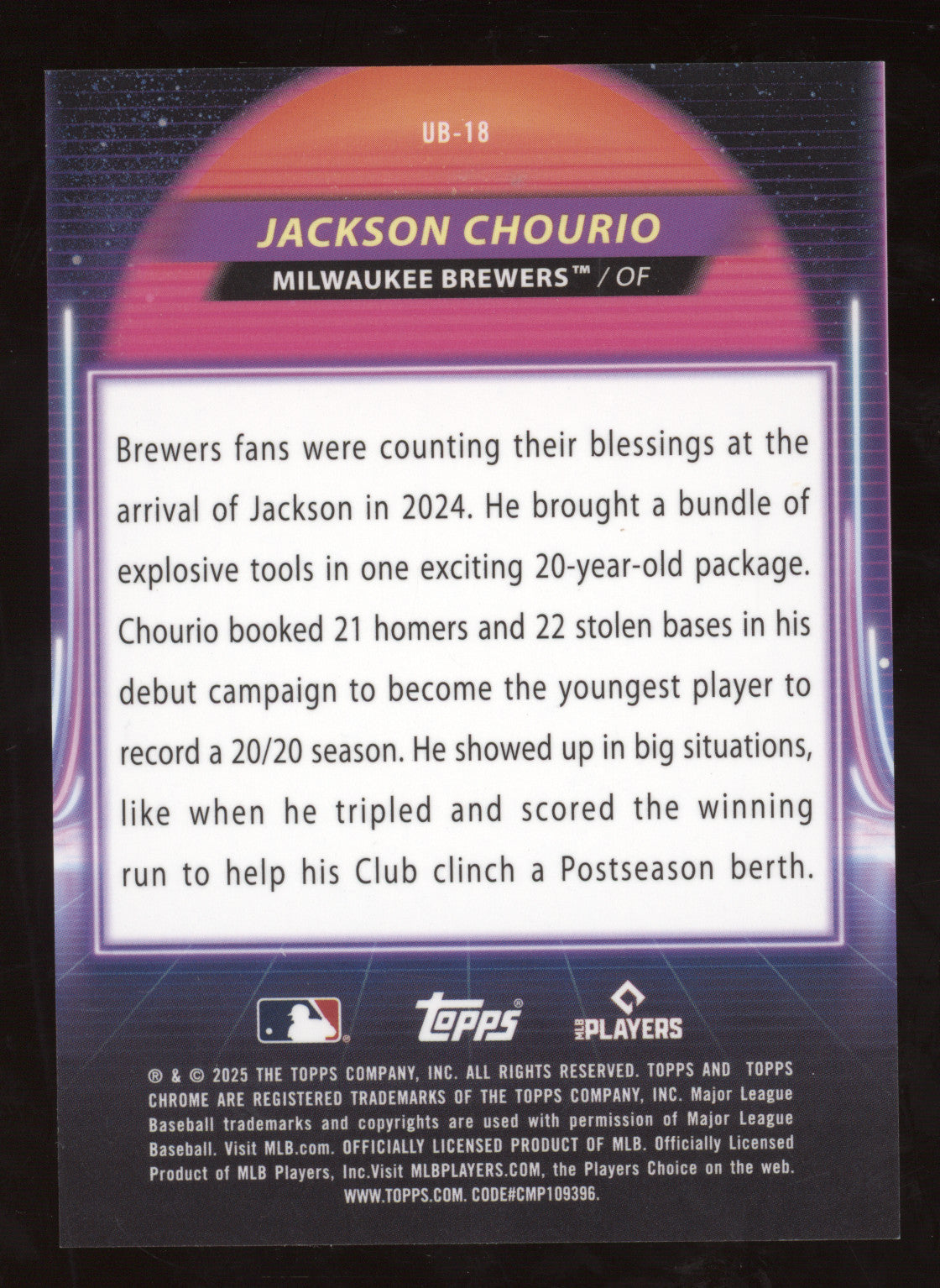 2025 Topps Cosmic Chrome Ultraviolet Beam Jackson Chourio #18 Gold Lazer 22/50