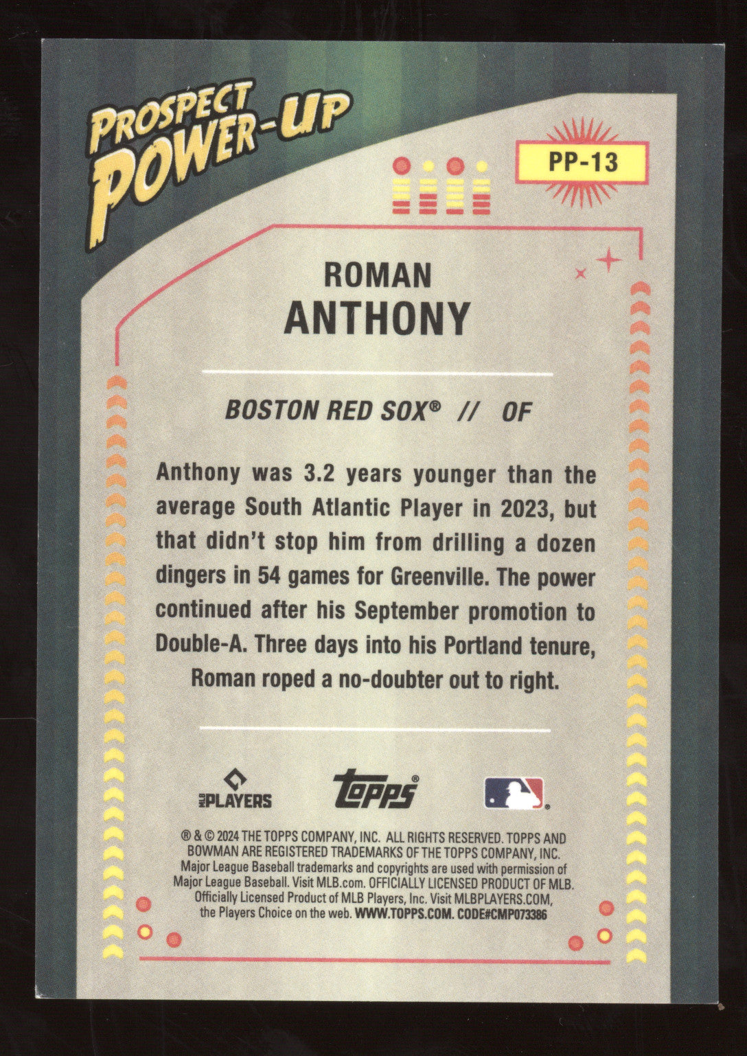 2024 Bowman Chrome Prospect Power-Up Roman Anthony #PP-13 Purple Mojo 057/250