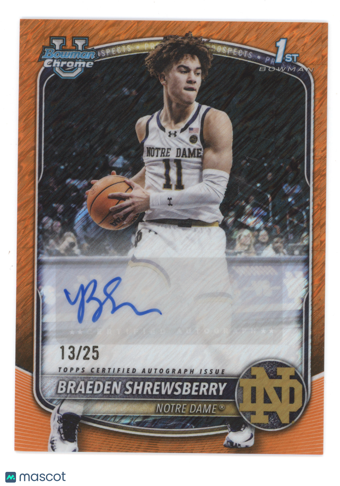 2025 Bowman Chrome Braeden Shrewsberry #CPA-BS Autograph Orange Shimmer 13/25