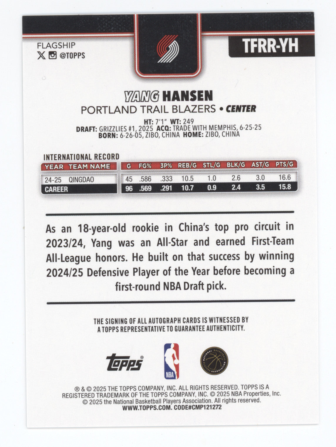 2025 Topps Yang Hansen #TFRR-YH Autograph Card RC