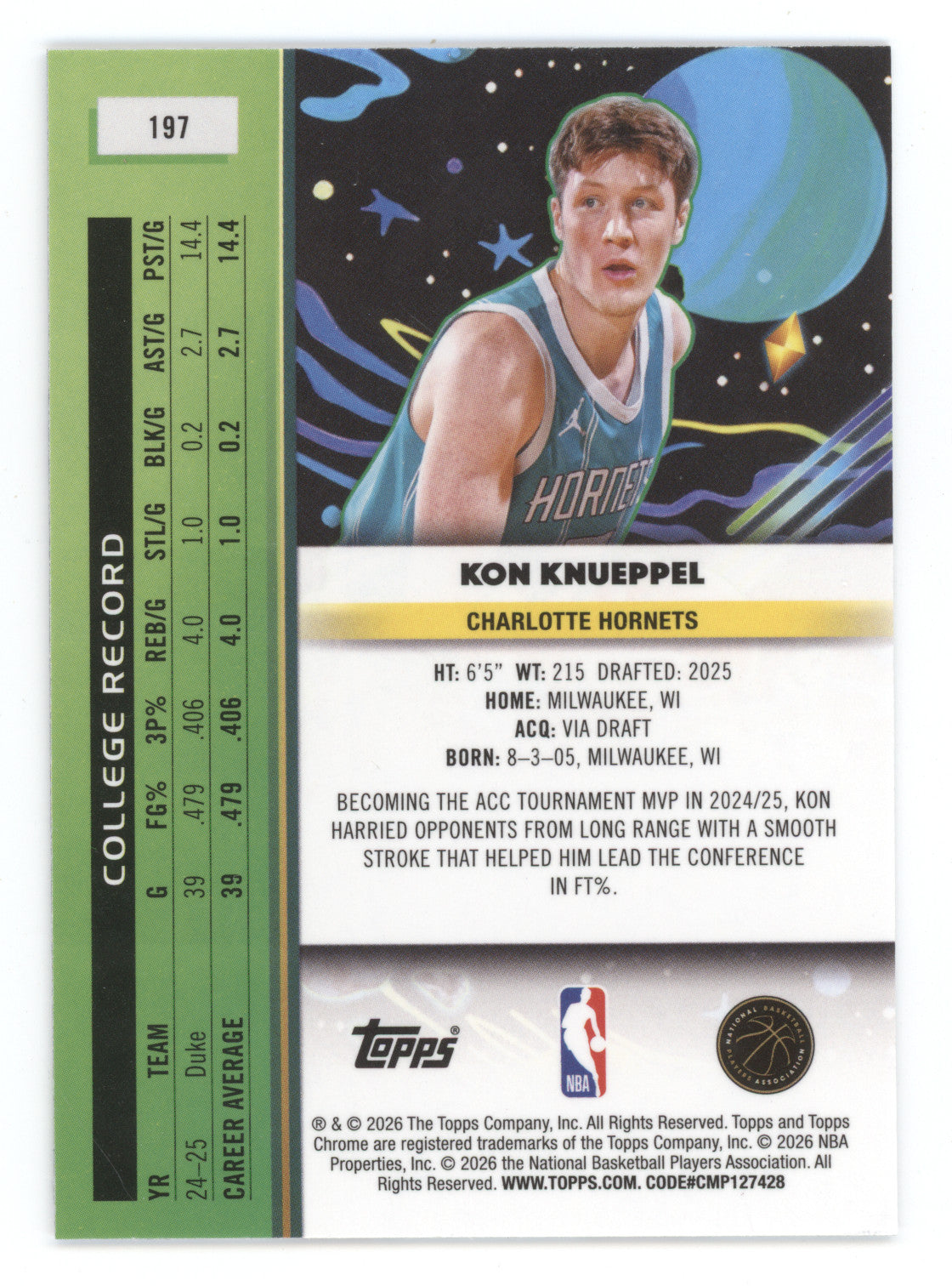 2025 Topps Cosmic Chrome Kon Knueppel #197 RC