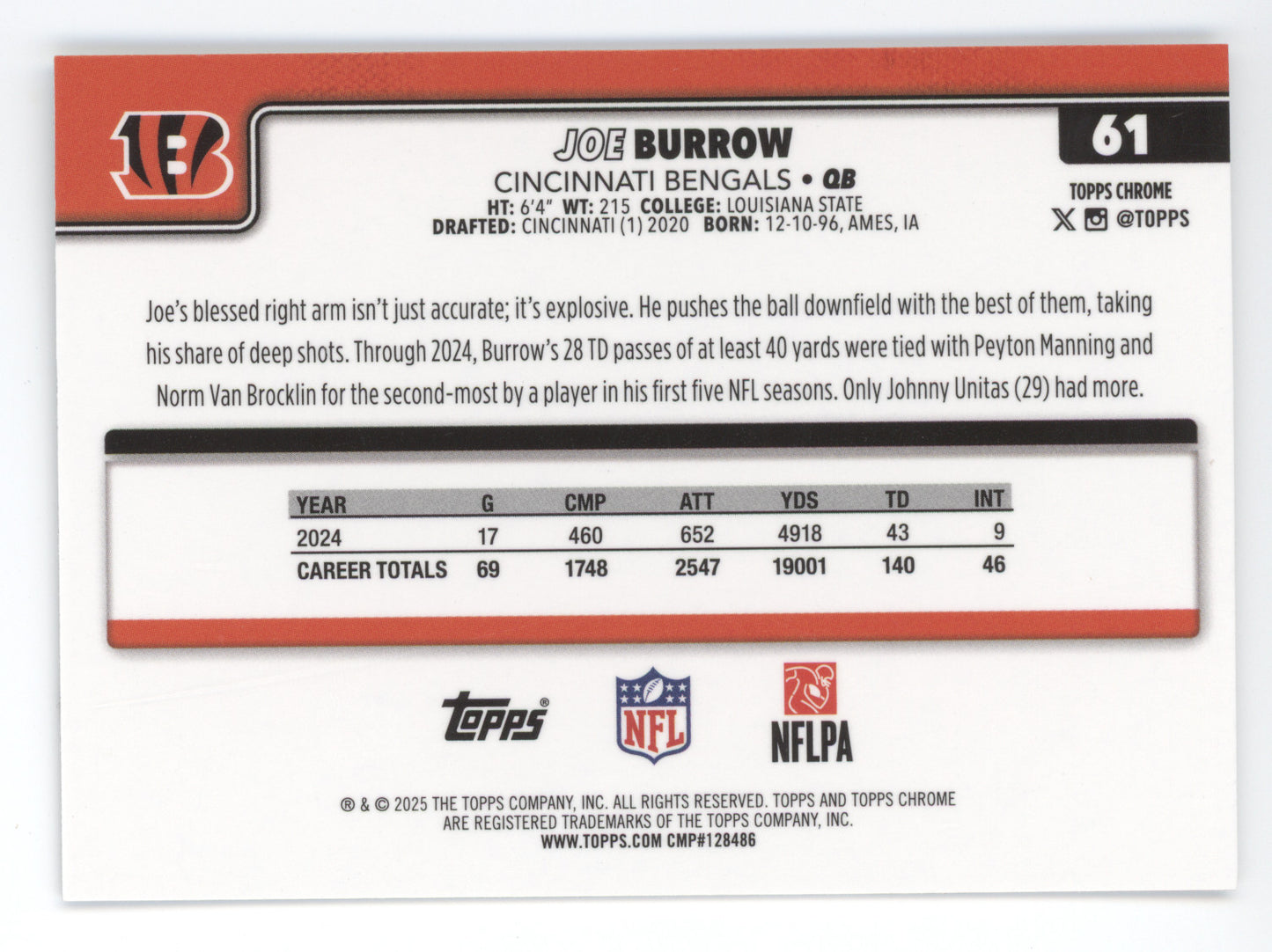 2025 Topps Chrome Joe Burrow #61 Image Variation
