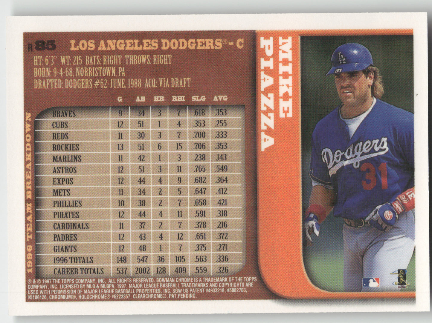 1997 Bowman Chrome Mike Piazza #85 Refractor