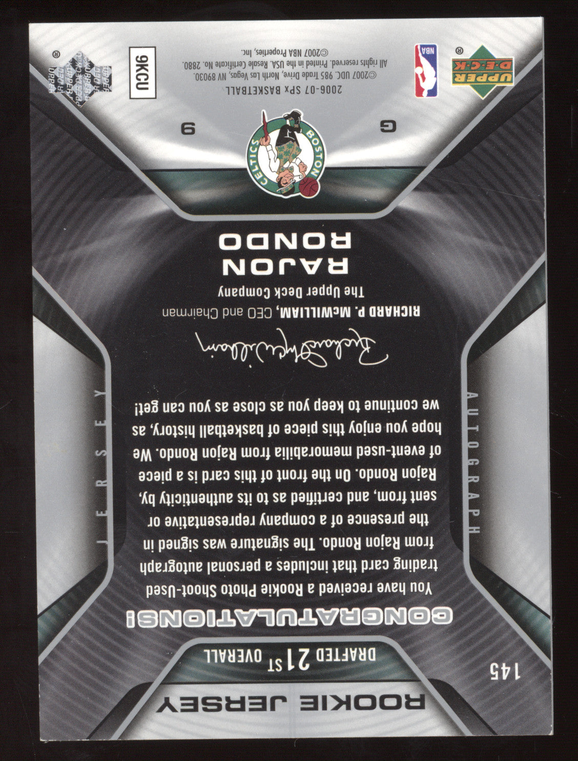 2006 Upper Deck SPx Rajon Rondo #145 Autograph 1019/1199 Rookie Jersey