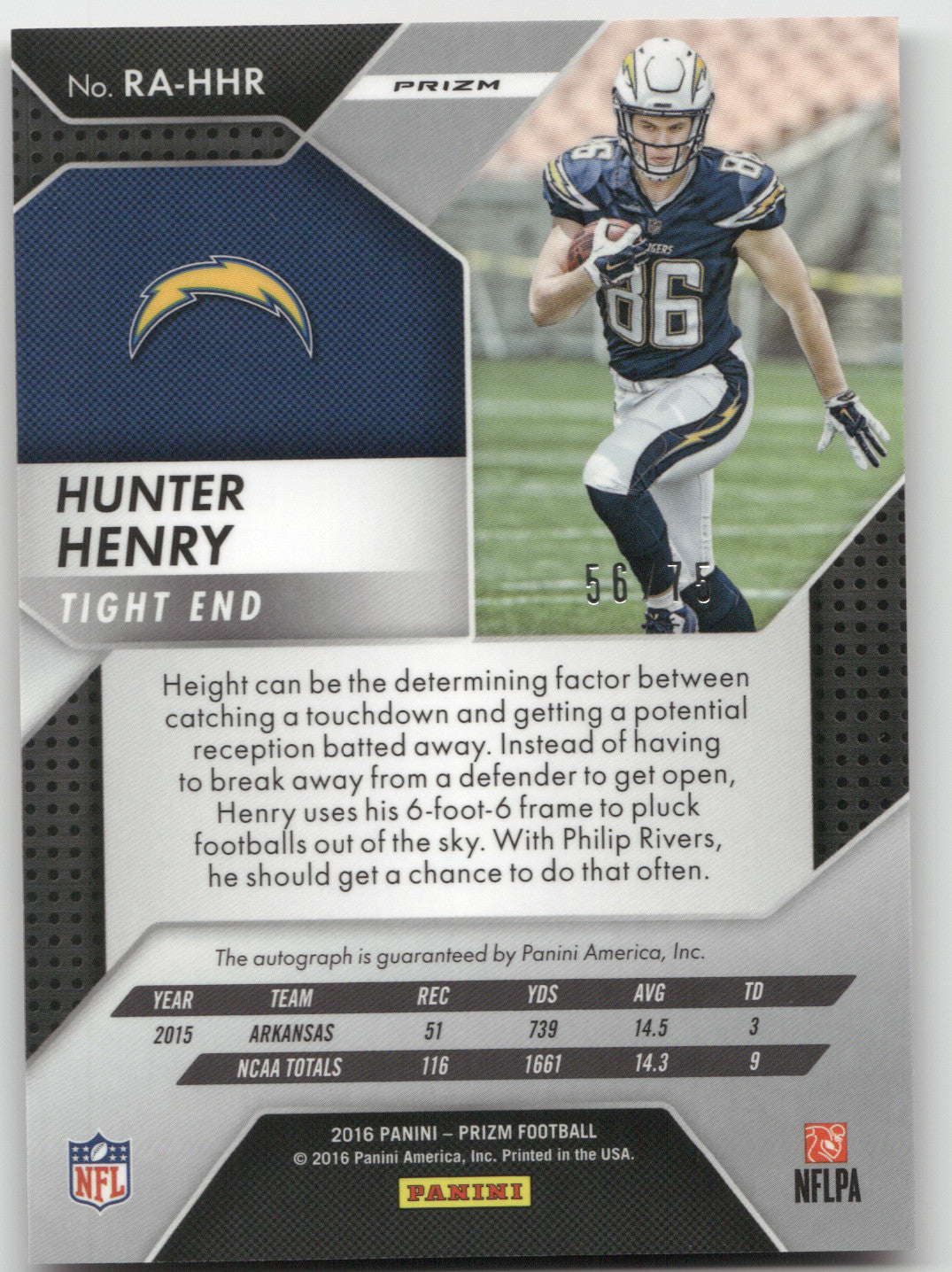 2016 Panini Prizm Rookie Autograph Hunter Henry #RA-HHR Red Crystals 56/75