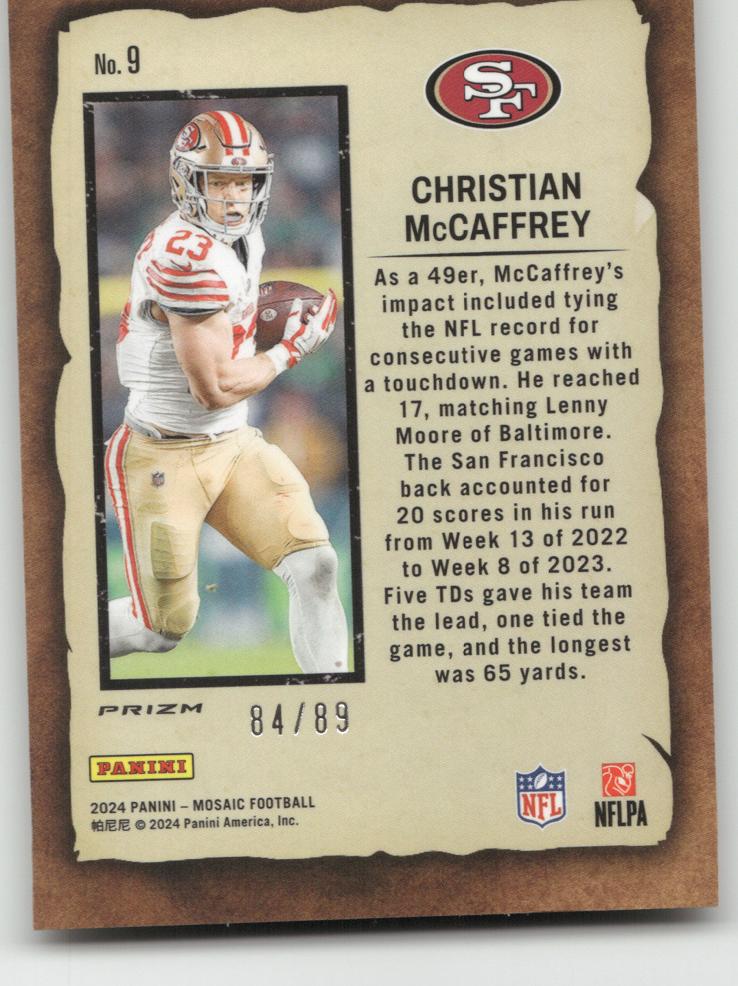 2024 Panini Mosaic Notoriety Christian McCaffrey #9 Mosaic Gold 84/89