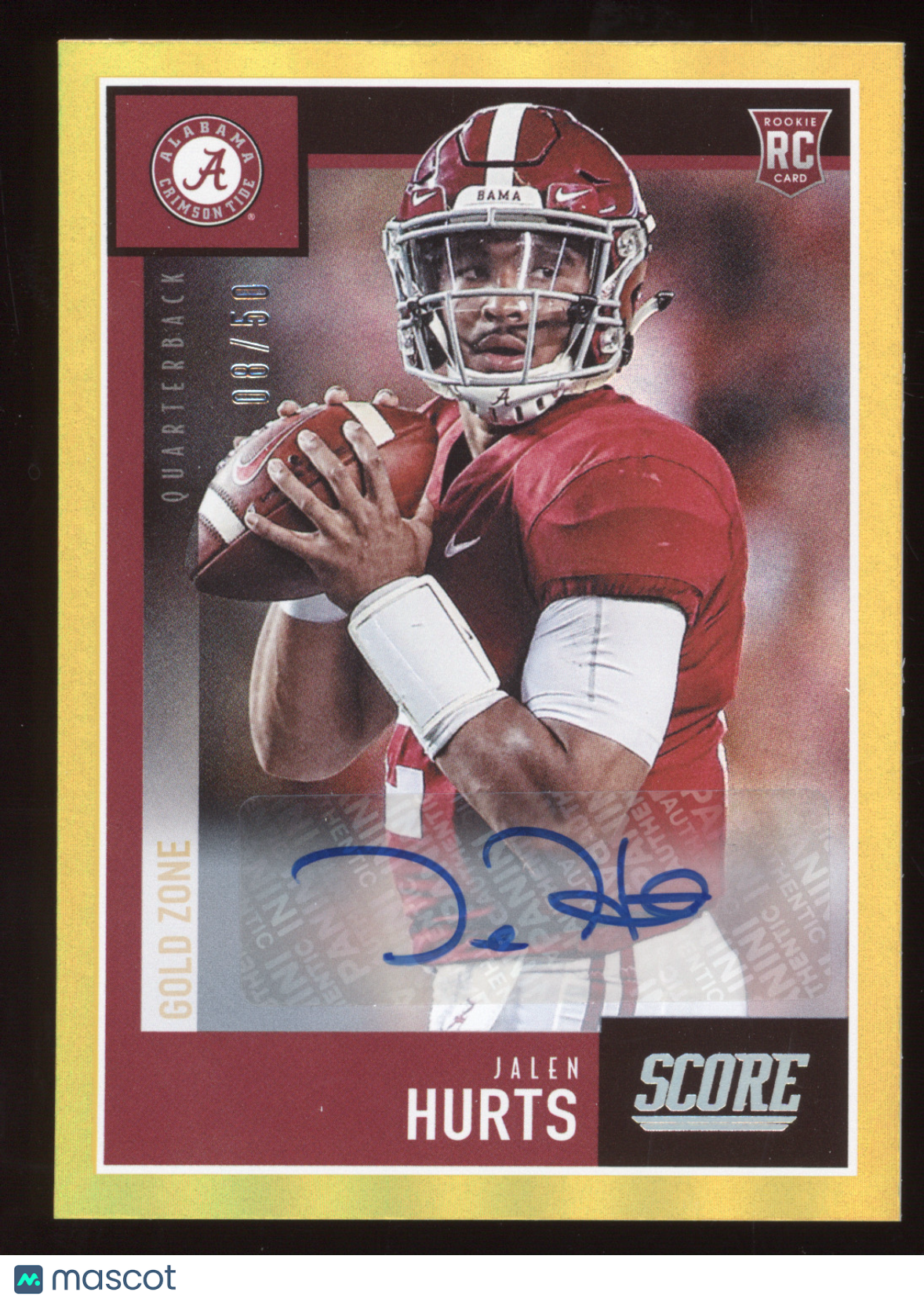 2020 Panini Score Jalen Hurts #394 Signature Gold Zone RC 08/50