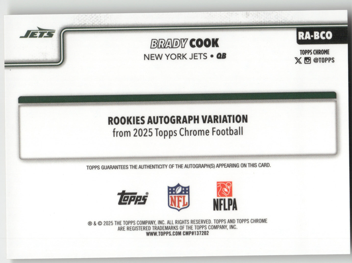 2025 Topps Chrome Rookie Autograph Brady Cook #RA-BCO Gold Wave RC 16/50