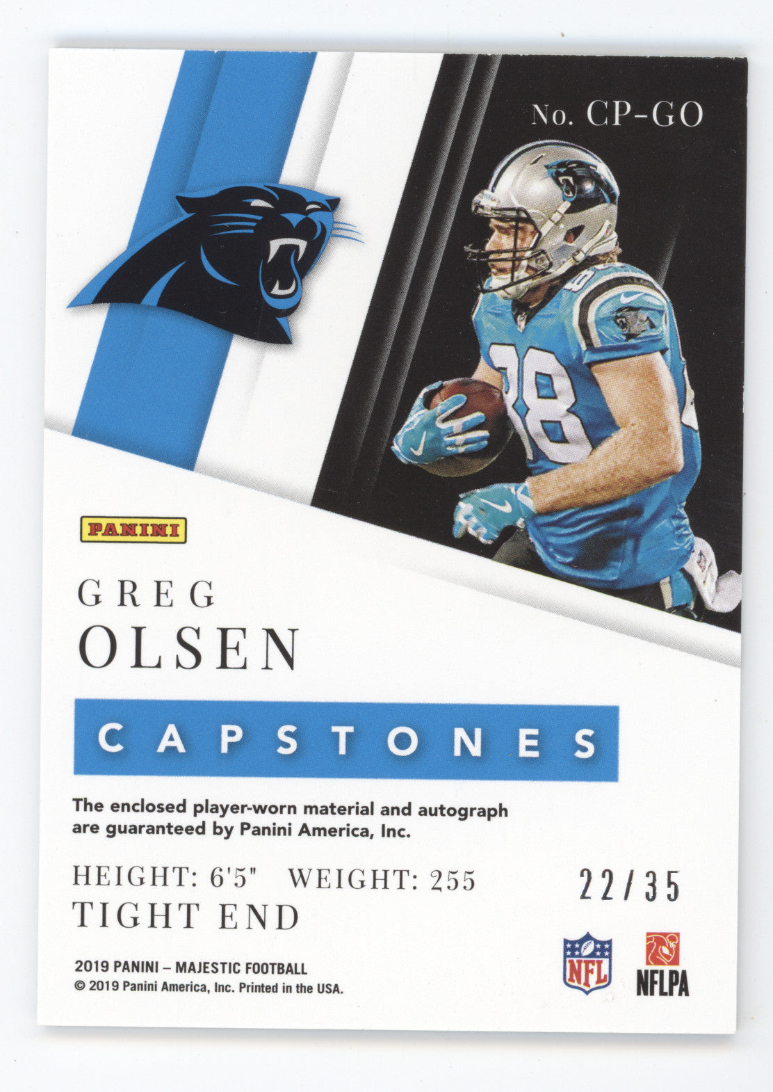 2019 Panini Majestic Capstones Greg Olsen #GO Autograph Quad Jersey Patch 22/35