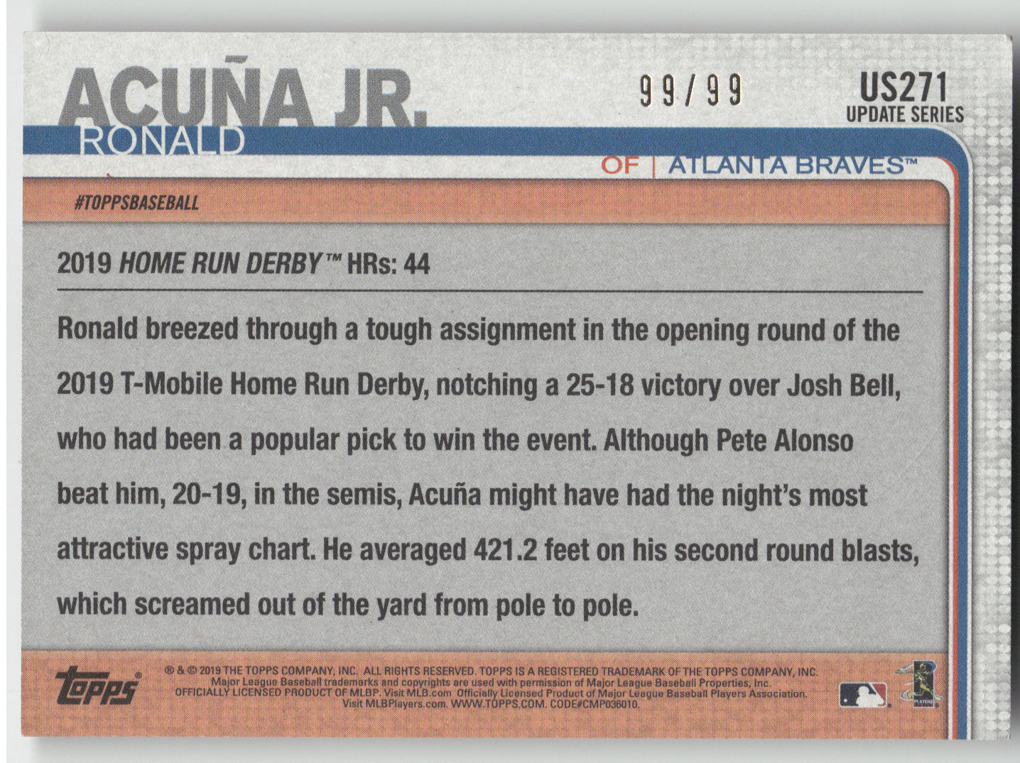 2019 Topps Update Series Ronald Acuña Jr. #US271 Vintage Stock 99/99