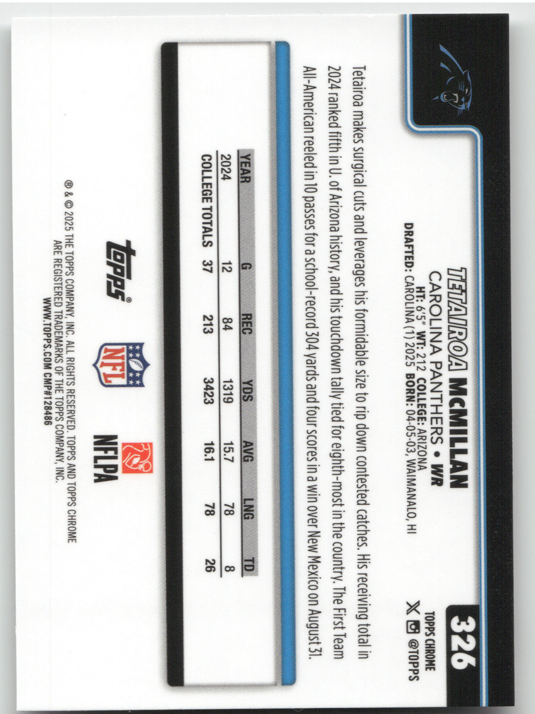2025 Topps Chrome Tetairoa McMillan #326 Refractor RC