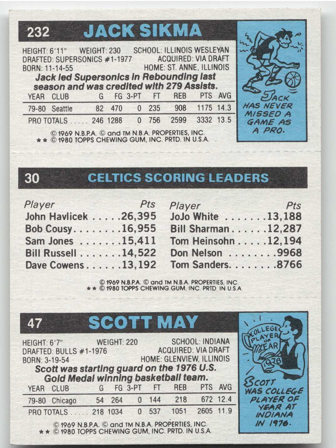 1980 Topps Scott May Larry Bird Jack Sikma #30-47-232