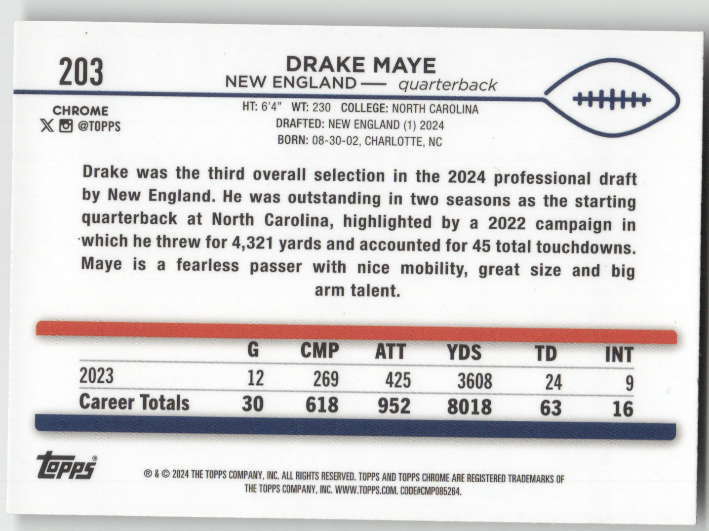 2024 Topps Chrome Drake Maye #203 X-Fractor RC