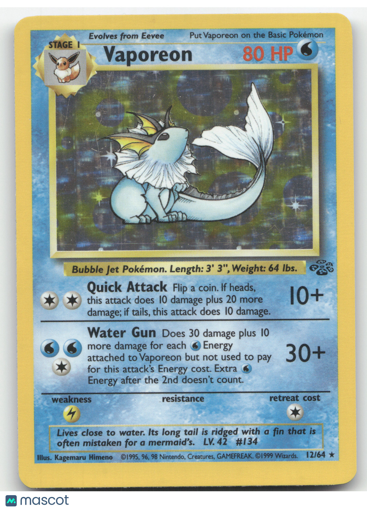 1999 Pokemon Jungle Vaporeon Holo Rare #12/64