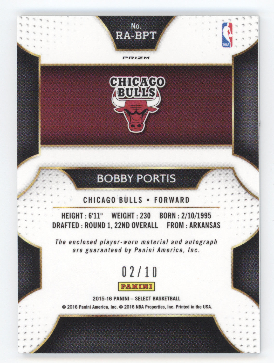 2015 Panini Select Rookie Autographs Bobby Portis Gold Checkerboard 02/10 RC