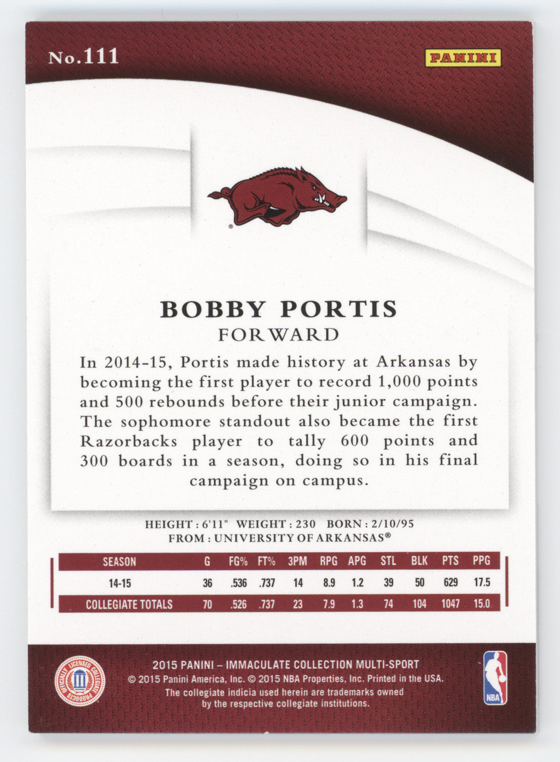 2015 Panini Immaculate Collection Bobby Portis #111 Immaculate Marks RC 2/5